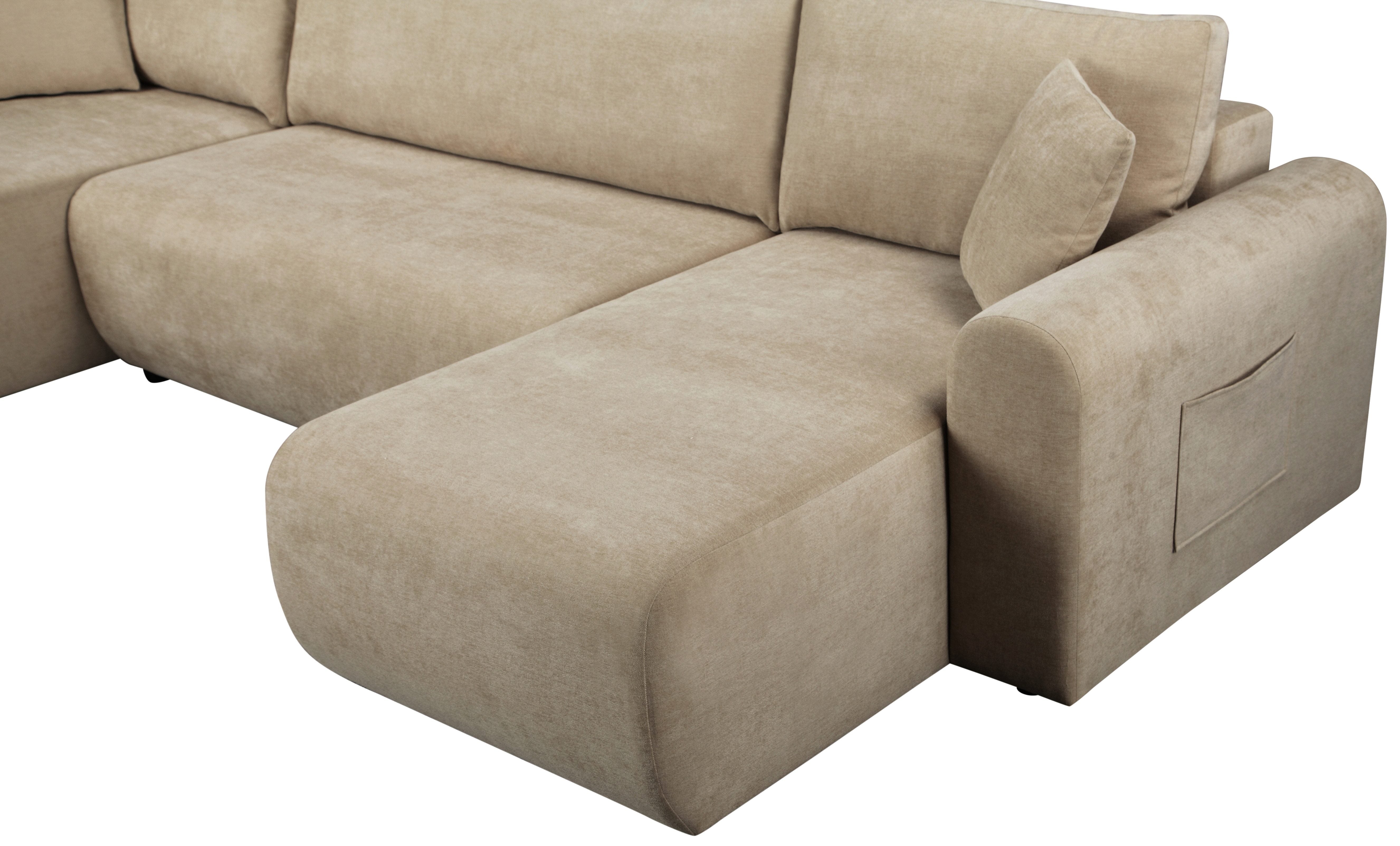 Japandi U-Wohnlandschaft Beige mit Schlaffunktion und Bettkasten