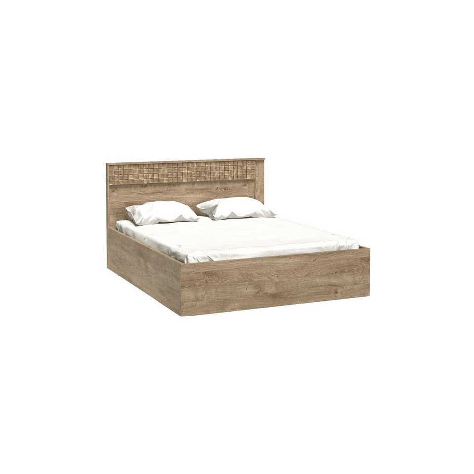 Japandi Bett in Naturholzoptik mit Bettkasten