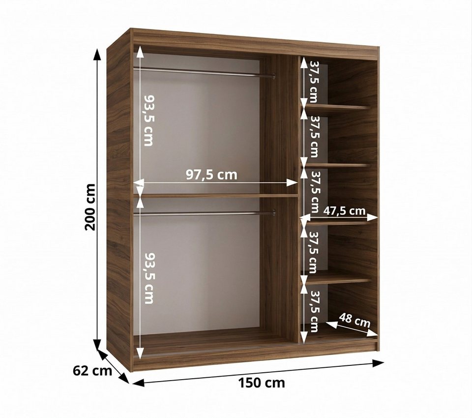 Japandi Schiebetürenschrank mit Kleiderstange und Regalen