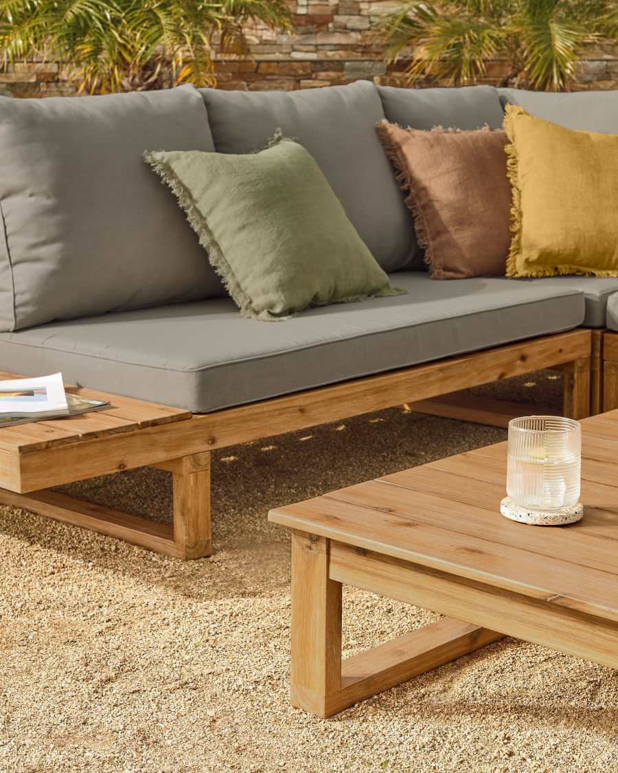 Japandi Ecksofa aus Akazienholz, 5-Sitzer mit Tisch