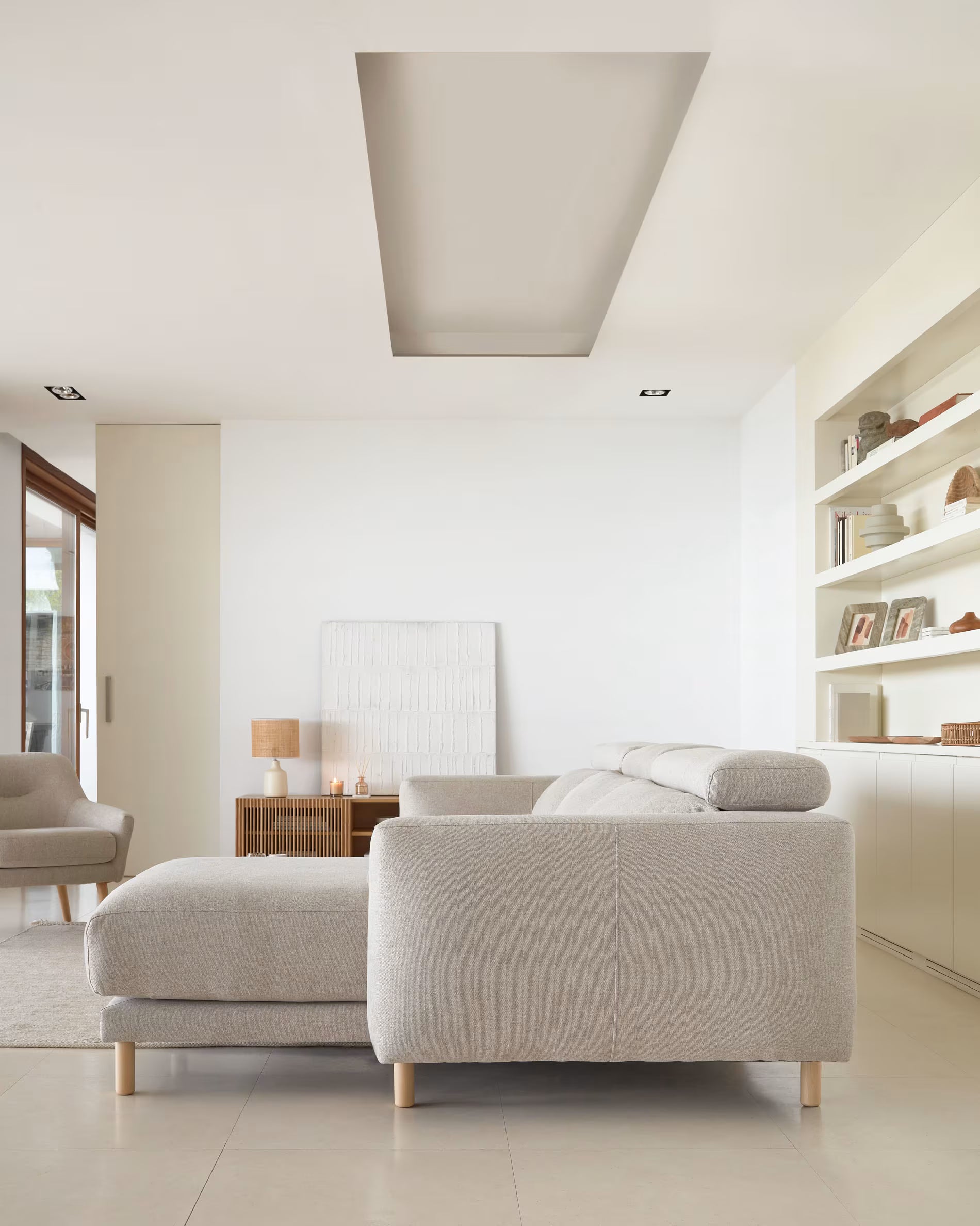Japandi Sofa mit Récamiere Rechts Beige