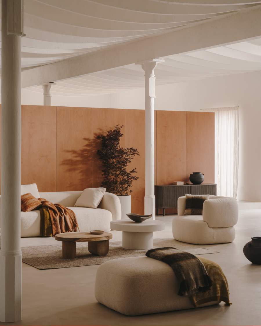 Sofa Japandi Ecru Lammfelloptik 3-Sitzer