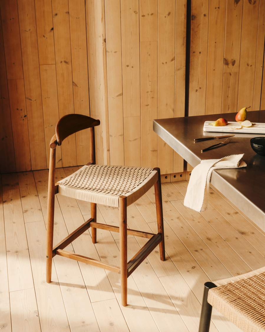 Hocker Japandi aus Akazienholz und Nussbaum mit Beigem Seil, 62 cm