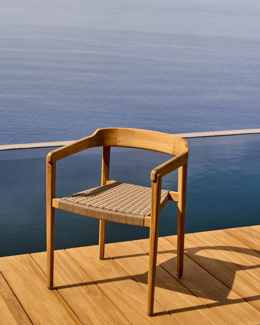 Japandi Stuhl aus Teakholz mit Seilgeflecht in Beige, Stapelbar