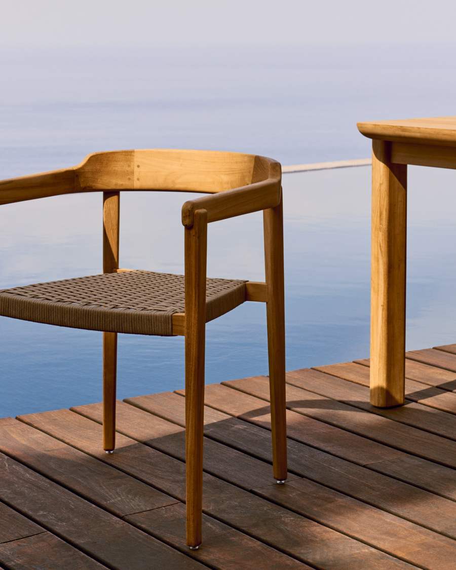 Japandi Stuhl aus Teakholz mit Seilgeflecht in Beige, Stapelbar