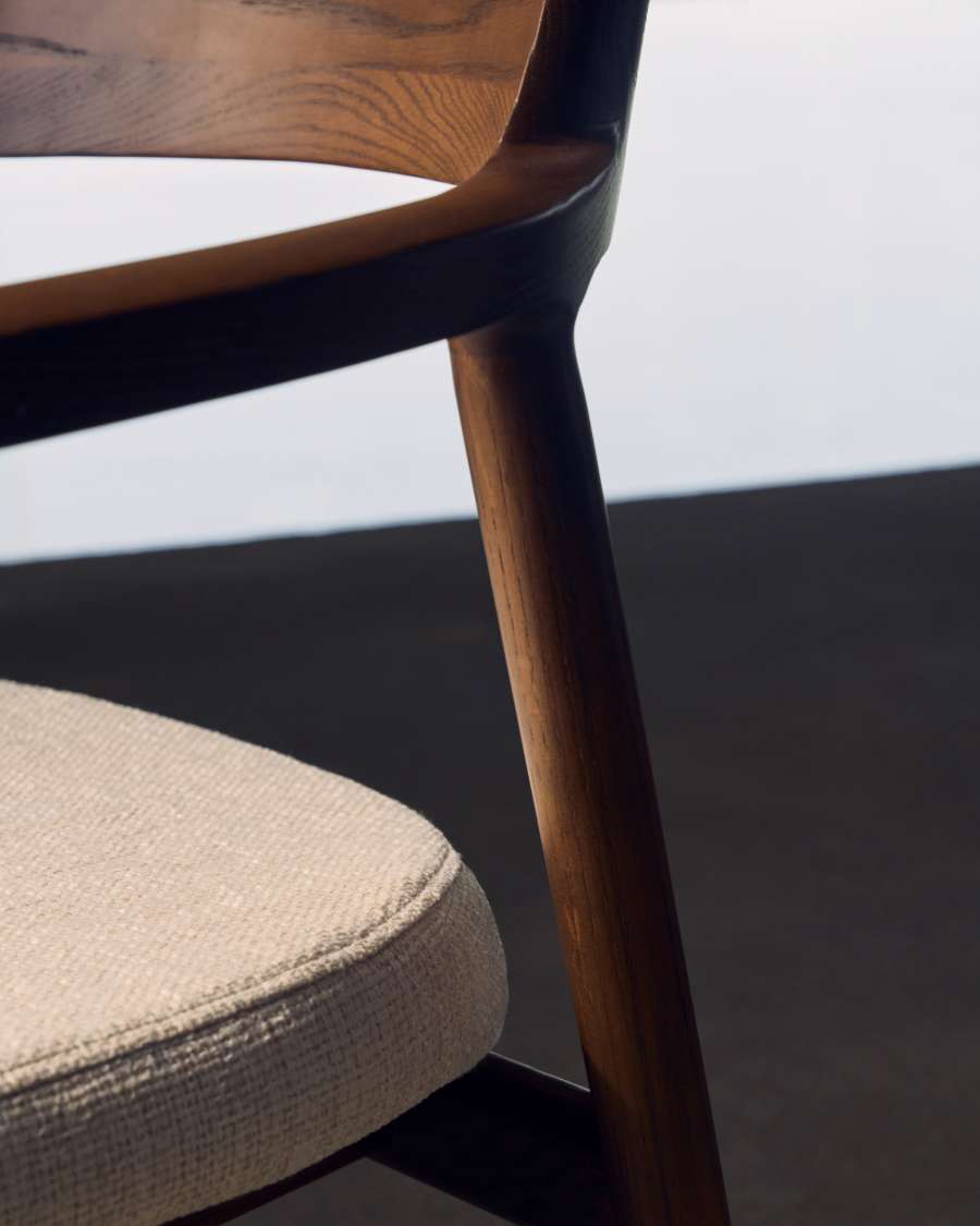 Japandi Stuhl Beige Chenille | Esszimmerstuhl aus Eichen- & Nussbaumholz