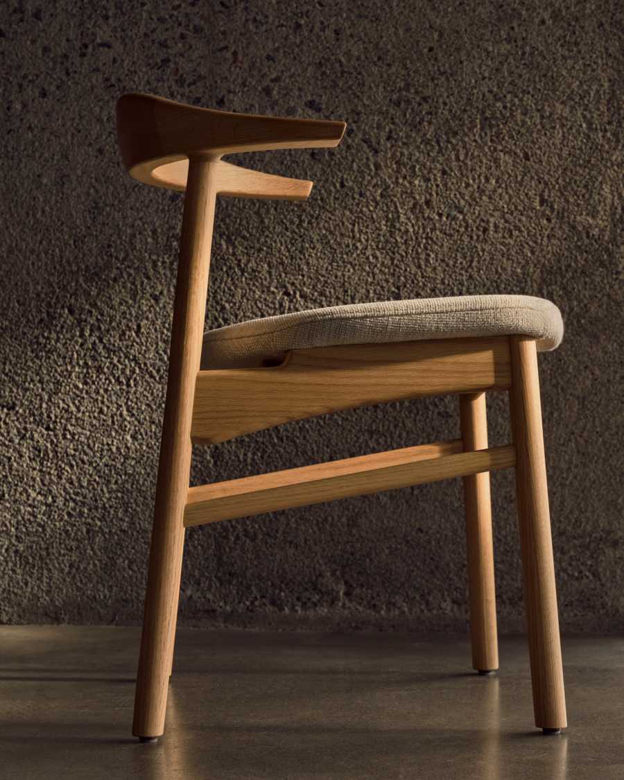 Japandi Stuhl Beige Chenille Eichenholz Natur