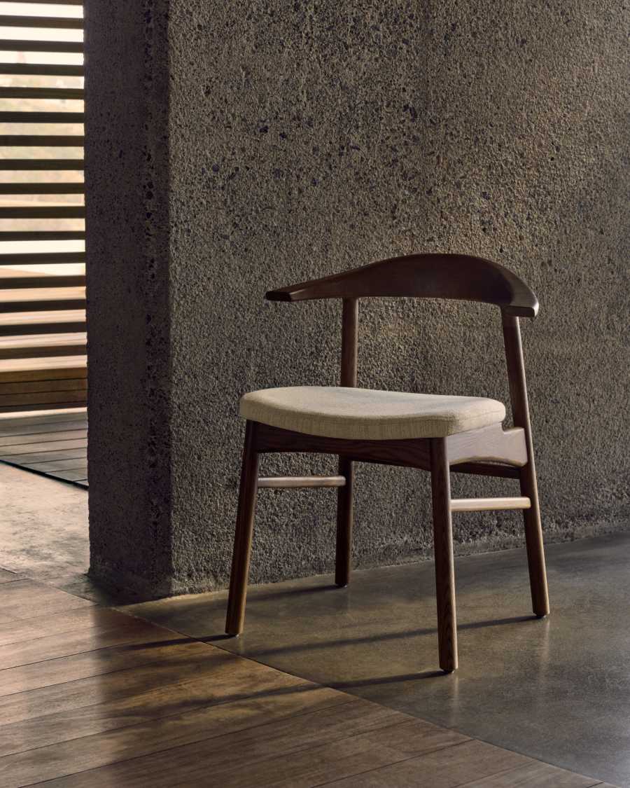 Japandi Sessel Beige Chenille Eichenholz Nussbaum