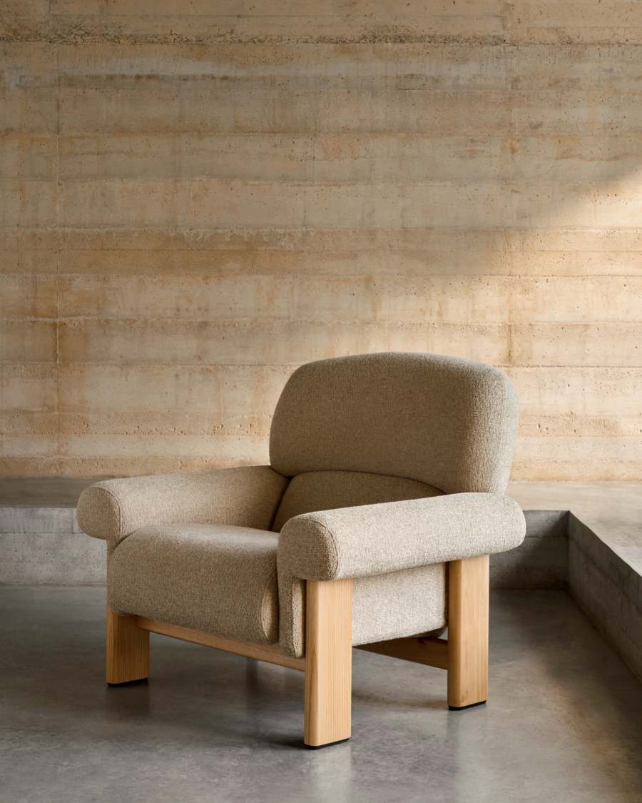 Sessel Japandi Beige Chenille Eschenholz Natur
