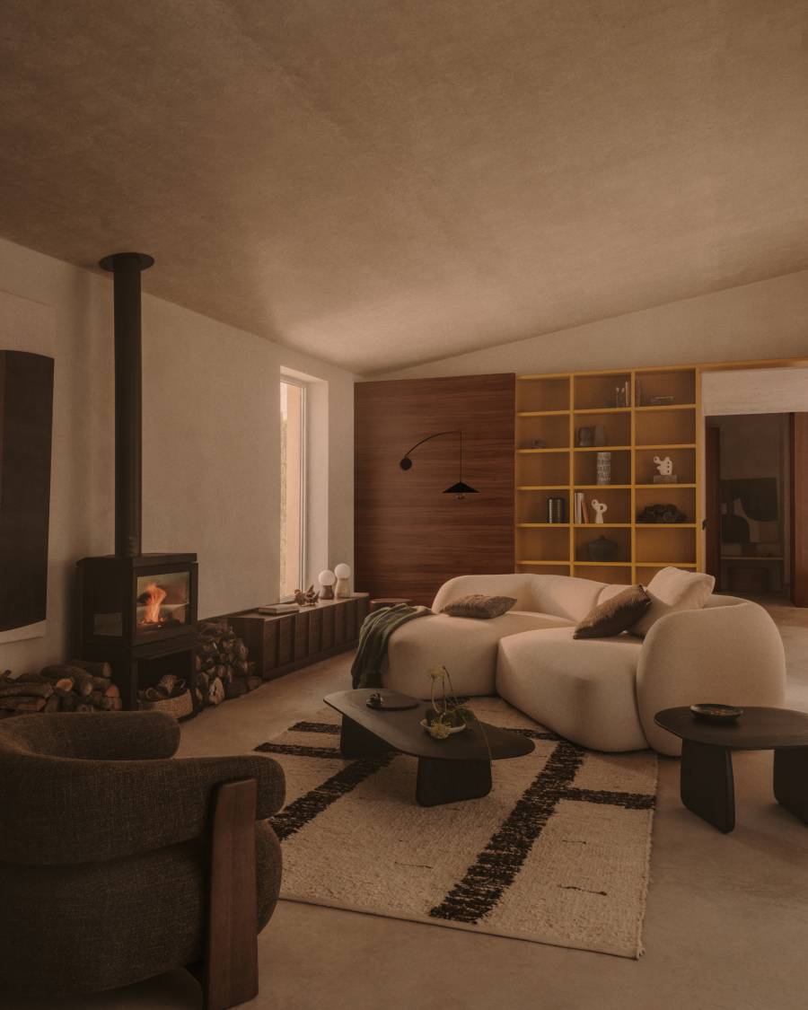 Modulares Japandi Sofa Ecru Chenille mit Chaiselongue Links