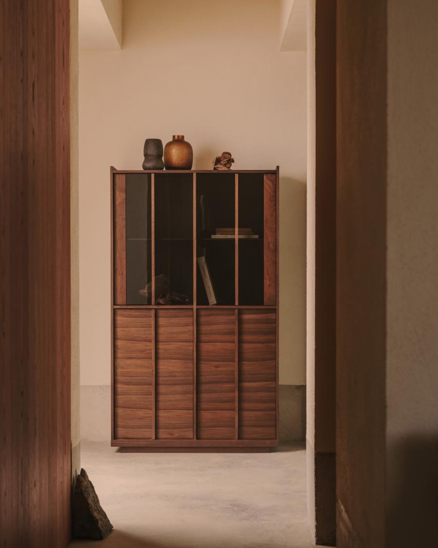 Vitrine Japandi Dunkles Walnussholz 100x170 cm