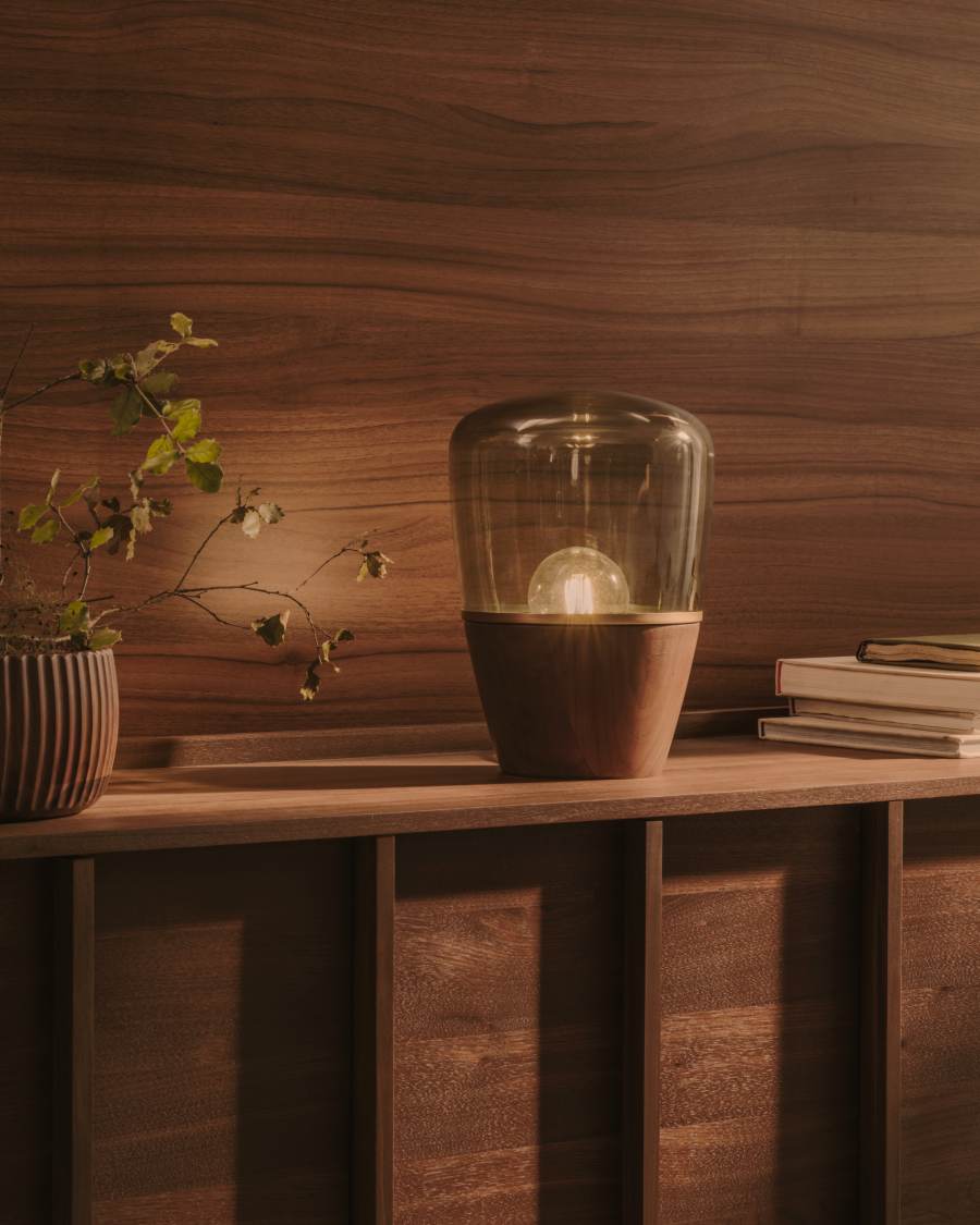 Japandi Tischlampe aus Walnussfurnier und Grünem Glas