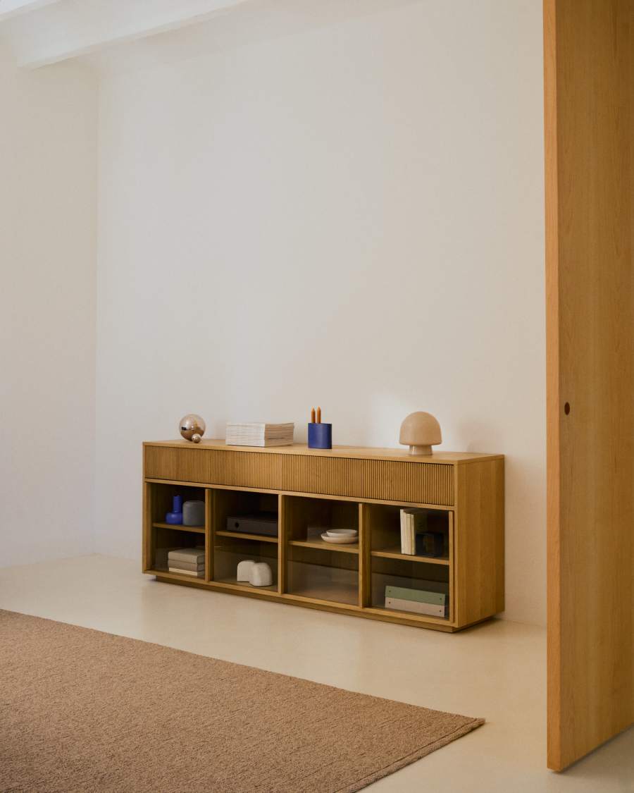 Sideboard Japandi Eichenfurnier Glas 4 Türen 200x80 cm