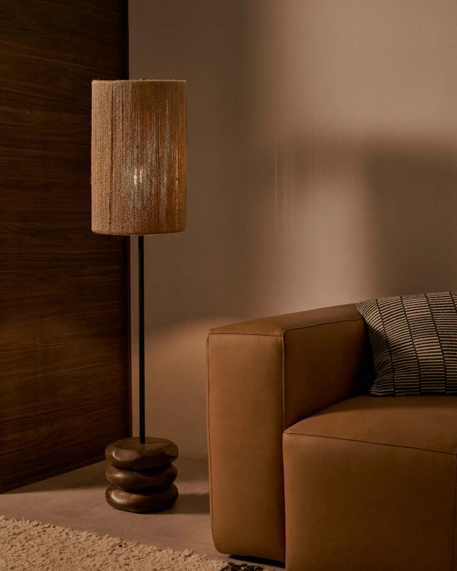 Japandi Stehlampe aus dunklem Akazienholz mit Jute