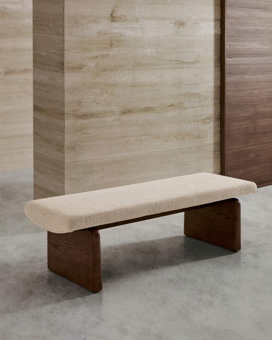 Japandi Polsterbank Beige Chenille Eschenholz Walnuss 150 cm
