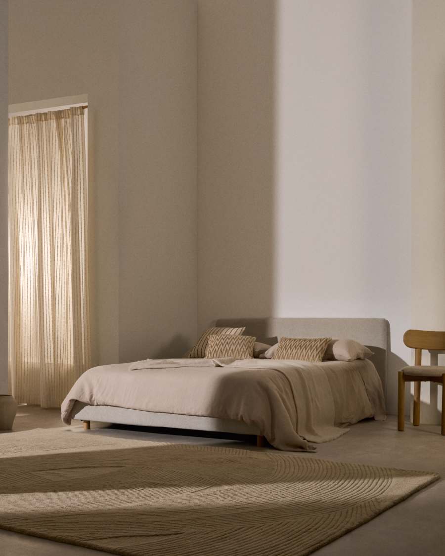 Japandi Bett „Perle" aus Buchenholz – Chenille-Bezug, 180x200 cm