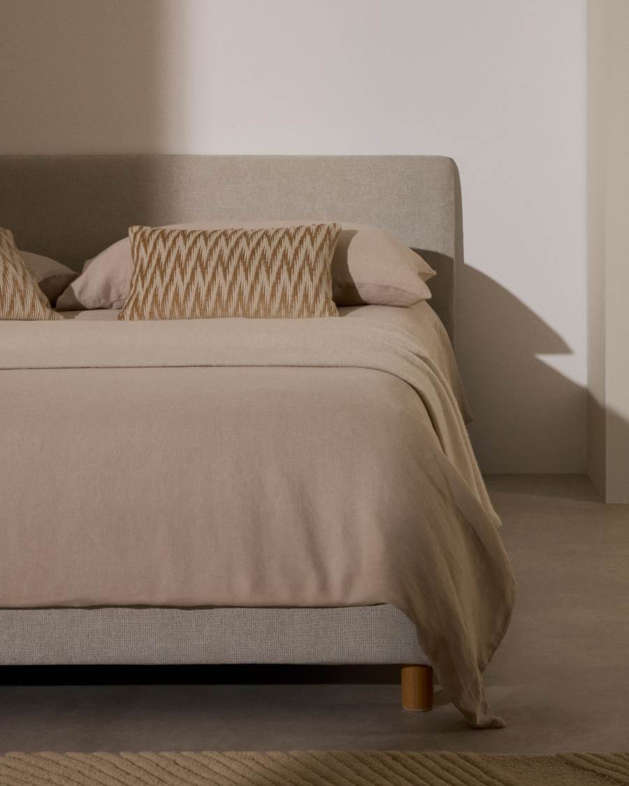 Japandi Bett „Perle" aus Buchenholz – Chenille-Bezug, 180x200 cm