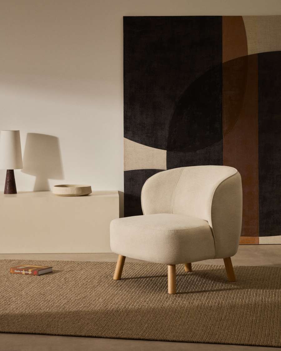 Sessel Japandi Beige Chenille Buchenholz Natur
