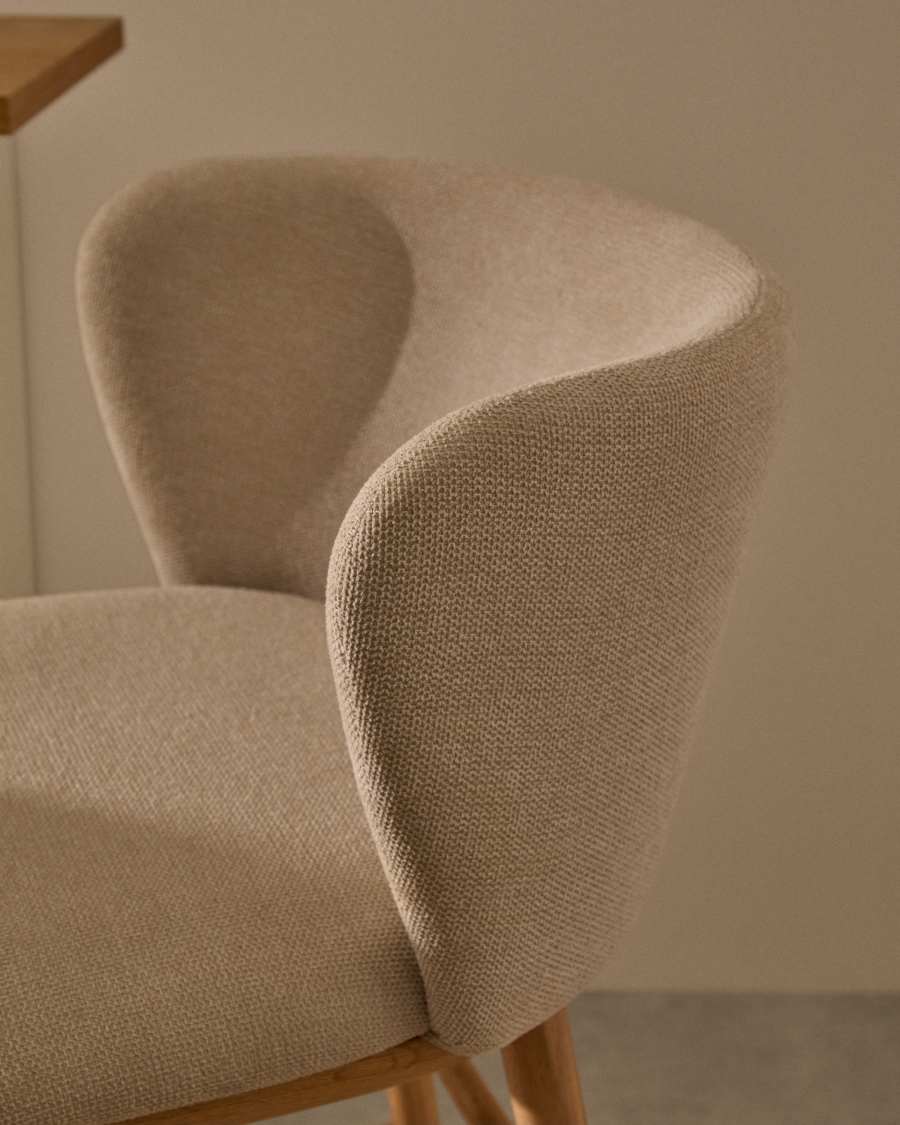 Hocker Japandi Beige Chenille Eschenholz Natur 75 cm