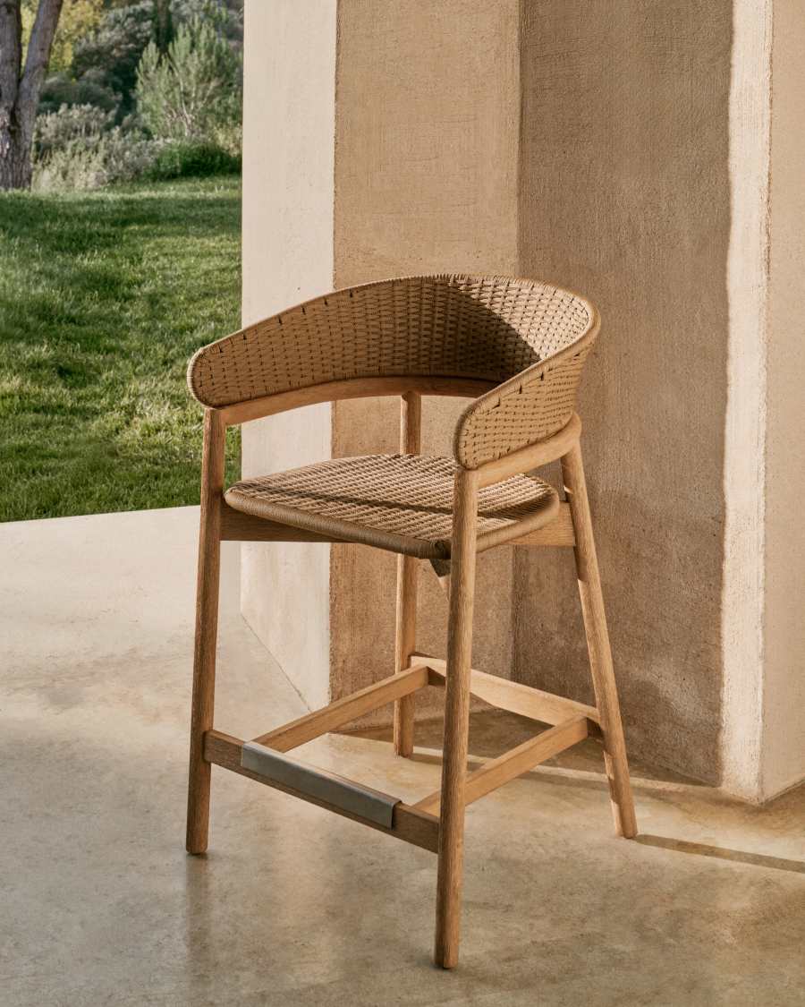 Japandi Hocker aus Akazienholz mit Beilem Seil, 65 cm