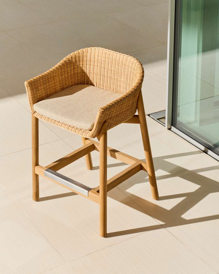 Hocker Japandi Teakholz Rattan 65 cm