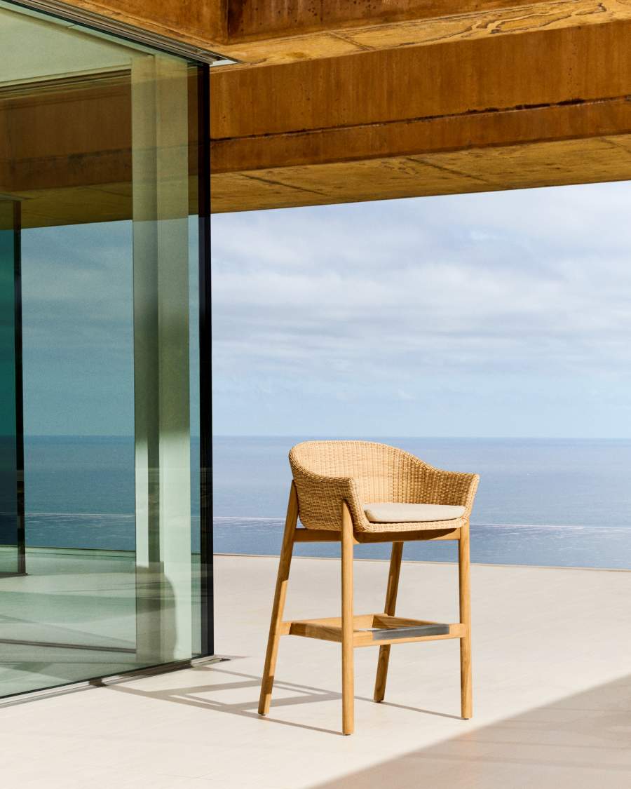 Hocker Japandi Teakholz Rattan 75 cm