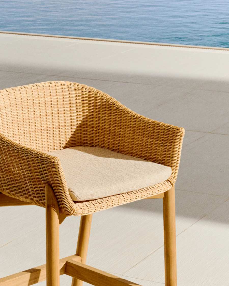 Hocker Japandi Teakholz Rattan 75 cm