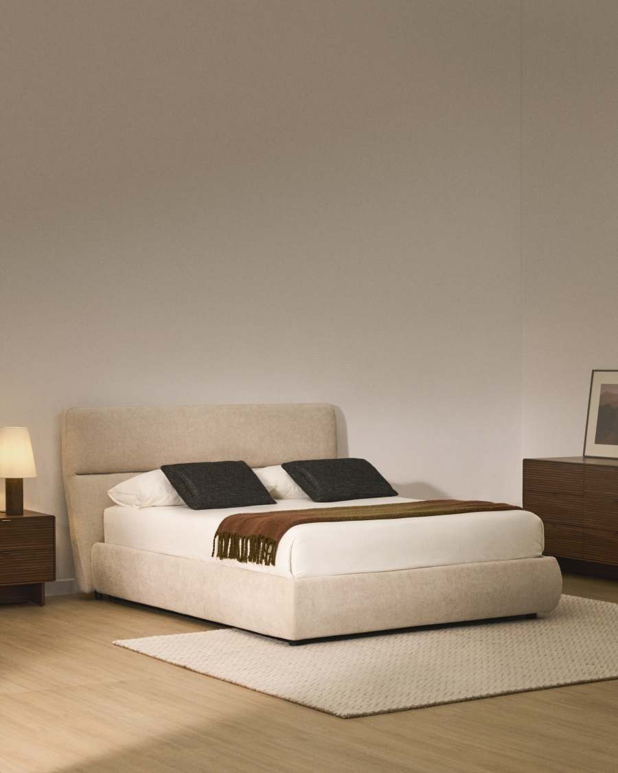 Japandi Bett mit Bettkasten, Chenille-Bezug in Beige, 180 x 200 cm