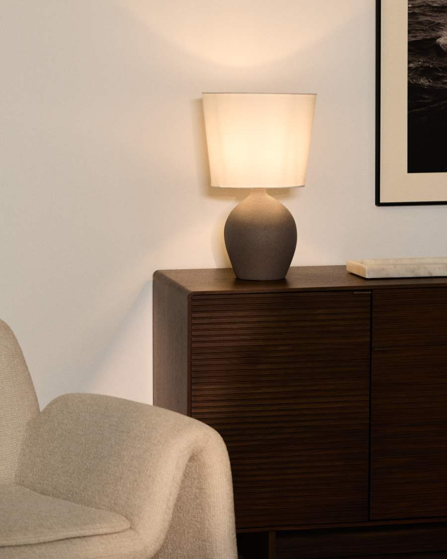 Tischlampe Japandi Steinoptik Baumwollschirm