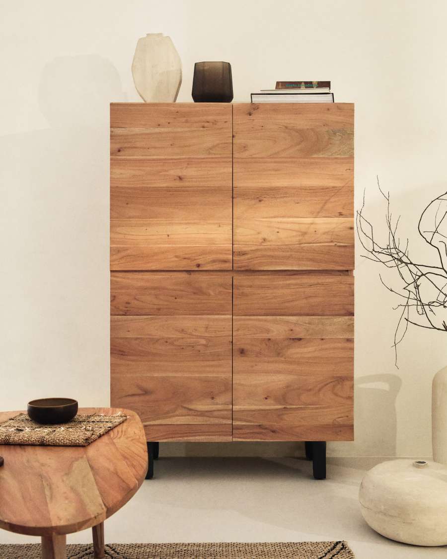 Highboard Japandi Akazienholz Gebleicht Stahl 4 Türen 100x155 cm