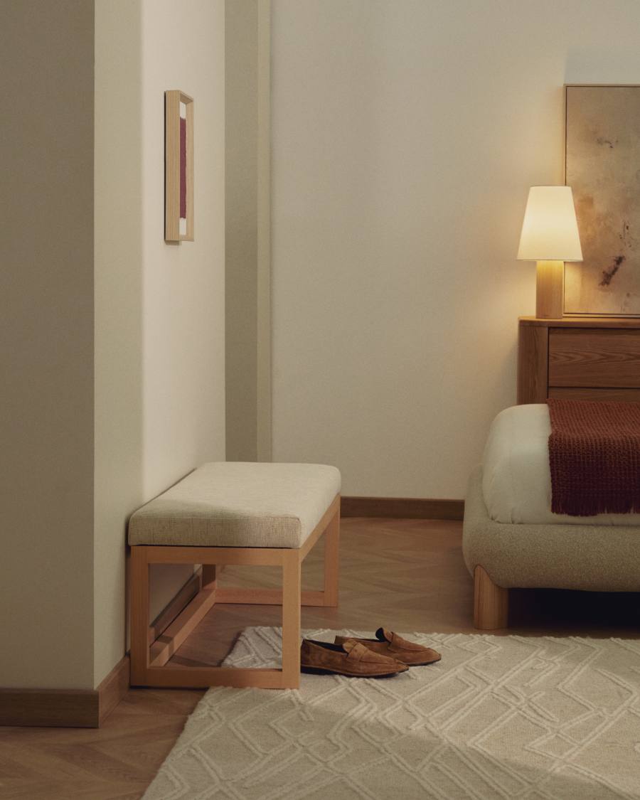 Bank Japandi Beige Chenille Buchenholz Natur