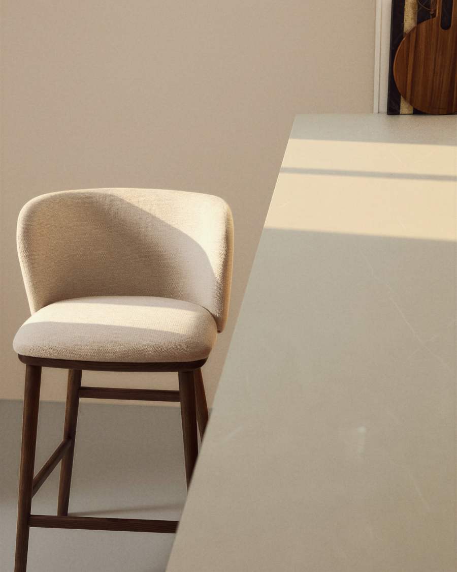 Hocker Japandi Beige Chenille Eschenholz Walnuss 65 cm