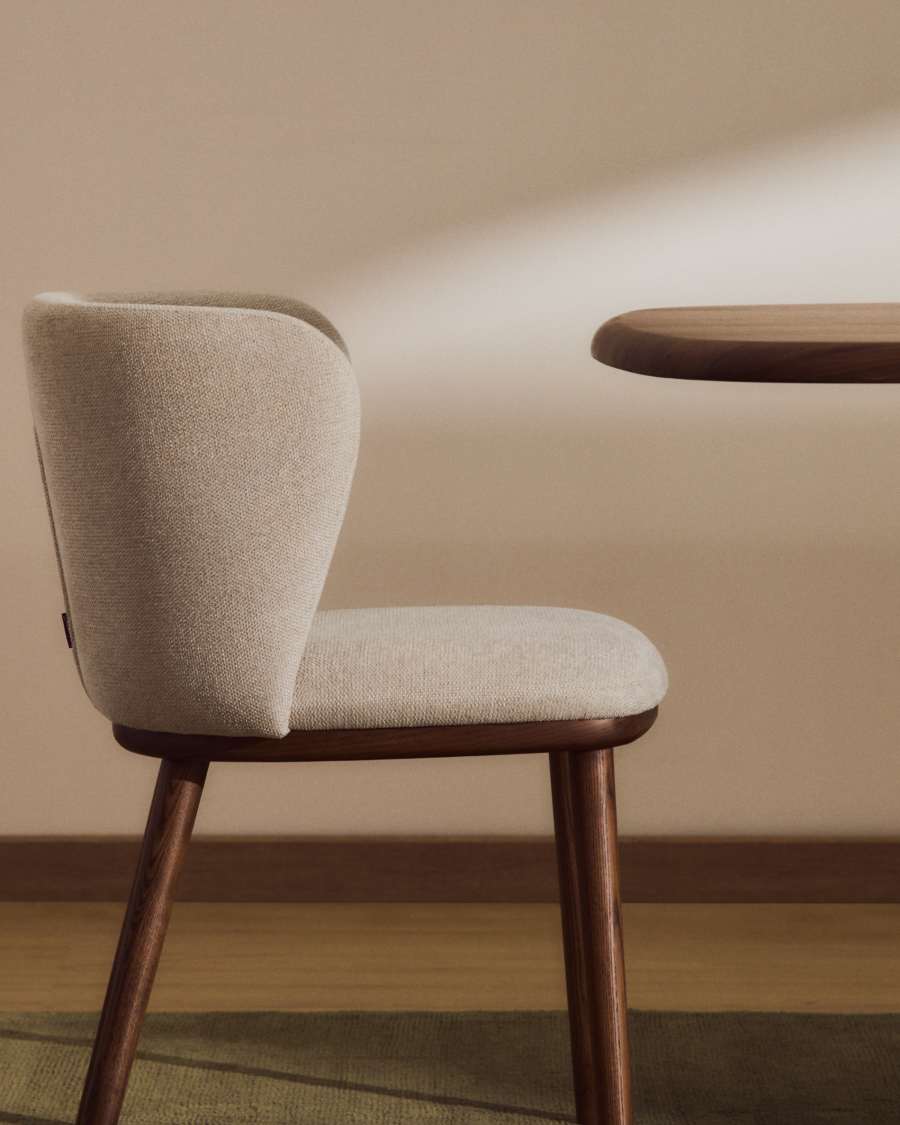 Japandi Sessel Beige Chenille Eschenholz Walnuss