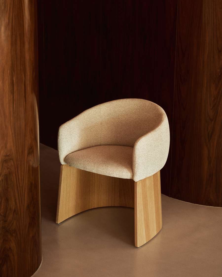Japandi Stuhl Beige Chenille Eichenfurnier