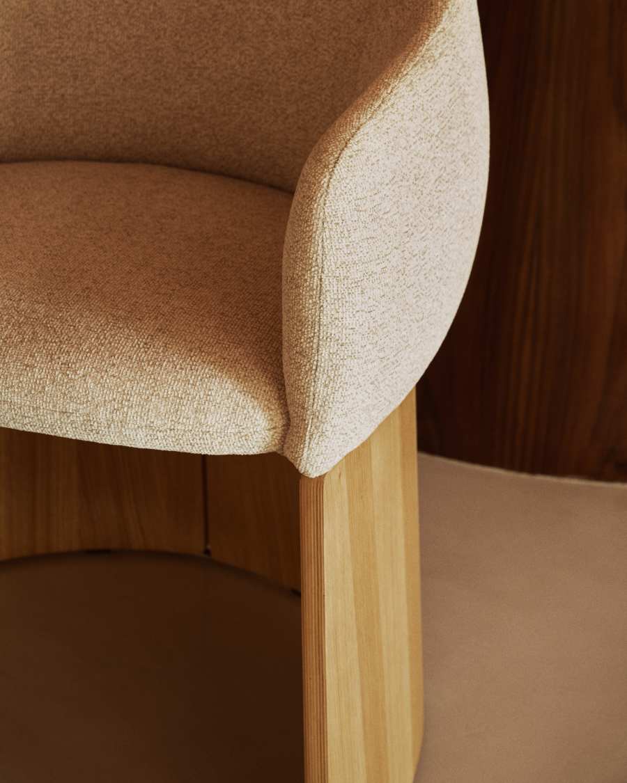Japandi Stuhl Beige Chenille Eichenfurnier