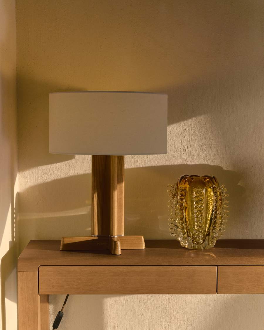 Japandi Tischlampe aus Kautschukholz mit Baumwollschirm 30 cm