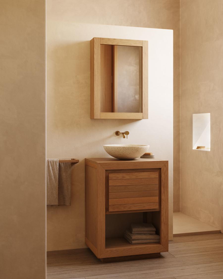 Badezimmerschrank Japandi Teakholz Spiegel 50x70 cm