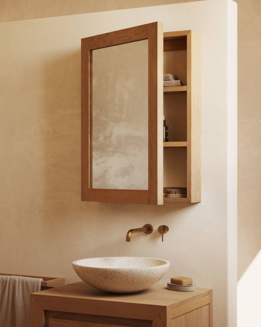 Badezimmerschrank Japandi Teakholz Spiegel 50x70 cm