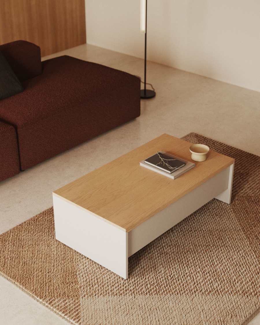 Couchtisch Japandi Eichenfurnier Weiß Höhenverstellbar 110x60 cm