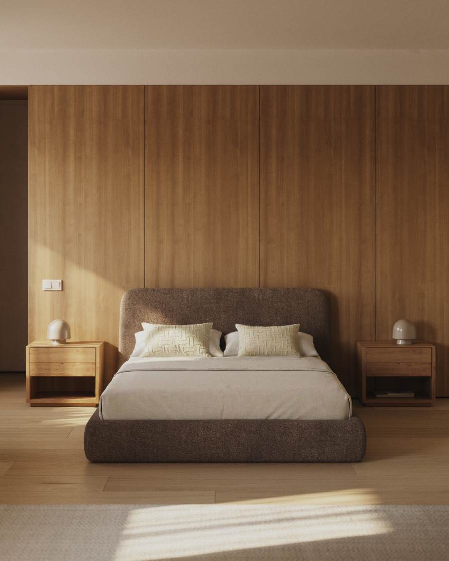 Japandi Bett mit Lammfellimitat in Braun 160x200 cm