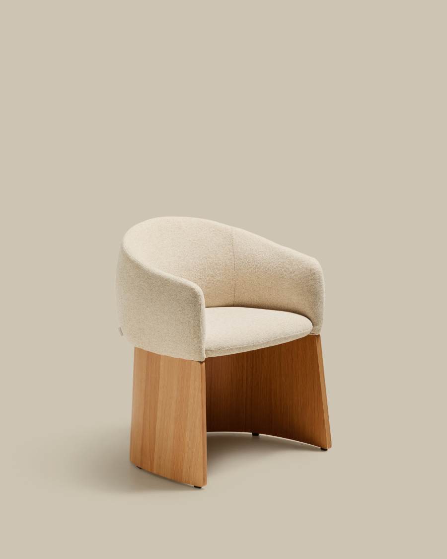 Japandi Stuhl Beige Chenille Eichenfurnier