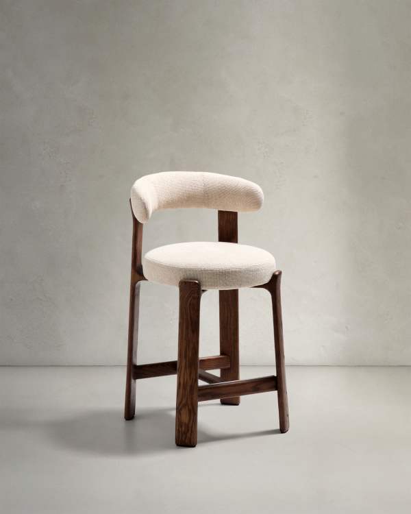 Beige Chenille Japandi Hocker Walnuss Finish 65 cm