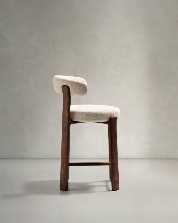 Beige Chenille Japandi Hocker Walnuss Finish 65 cm