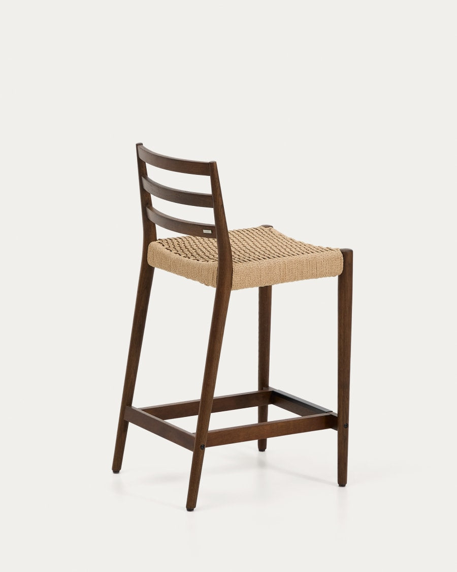 Japandi Hocker aus Walnussholz mit Seilgeflecht