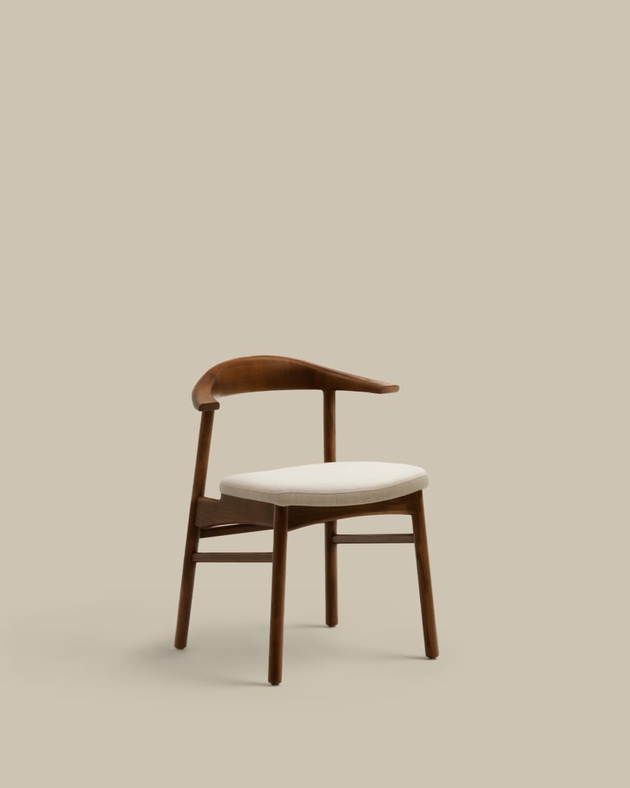 Japandi Sessel Beige Chenille Eichenholz Nussbaum