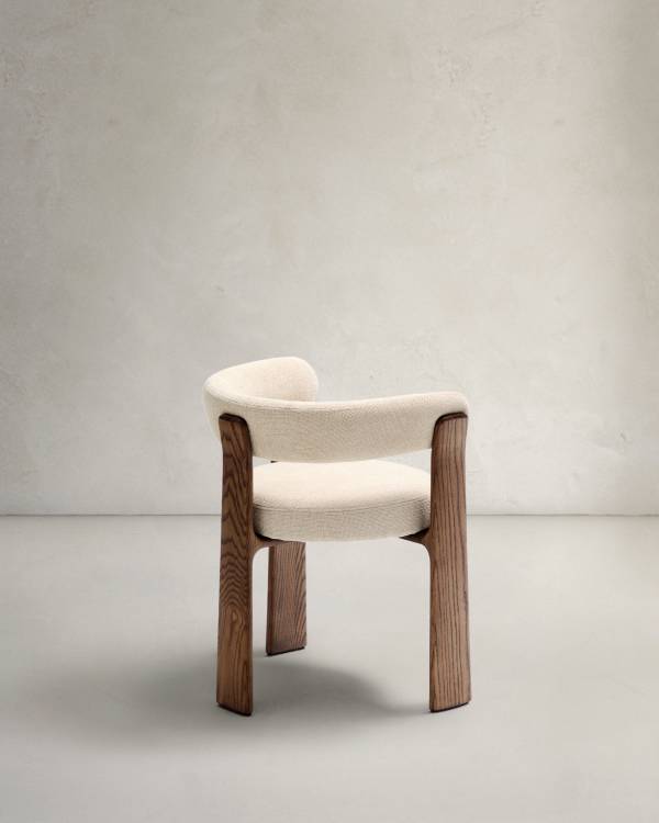 Beige Chenille Sessel im Japandi-Stil mit Walnuss-Finish