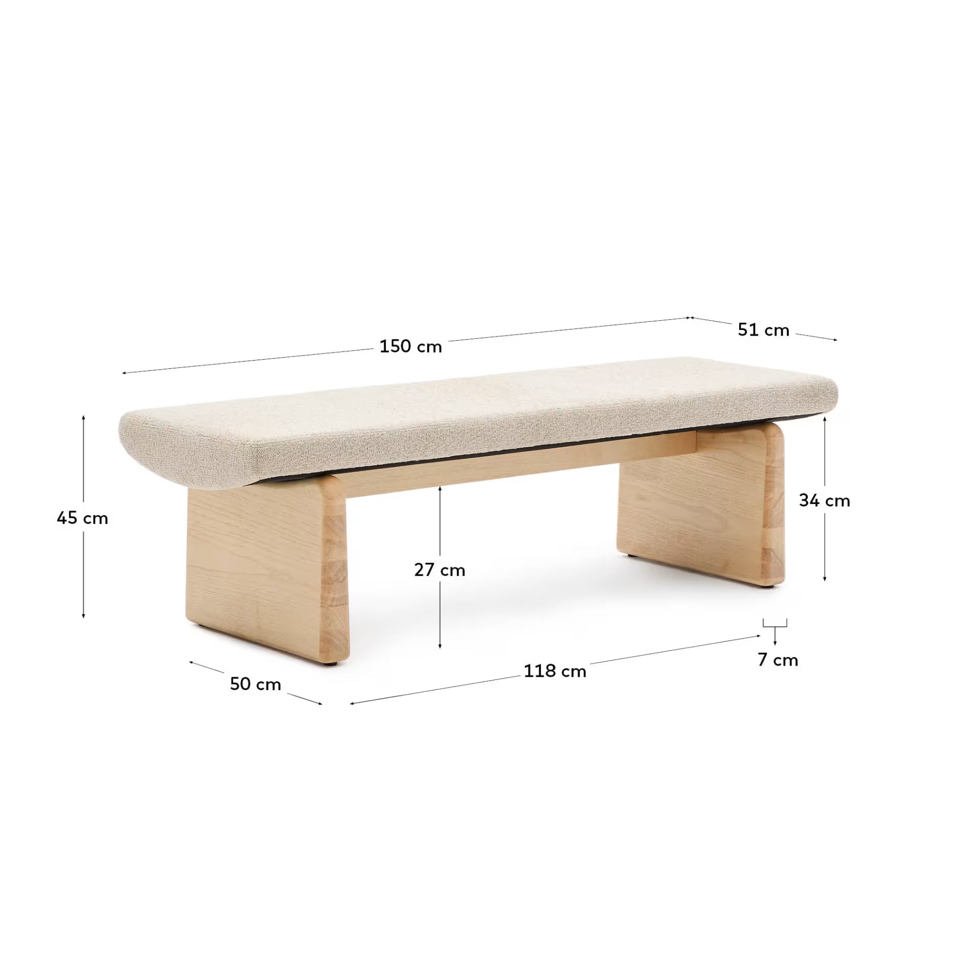 Polsterbank Japandi Beige Chenille Eschenholz Natur 150 cm
