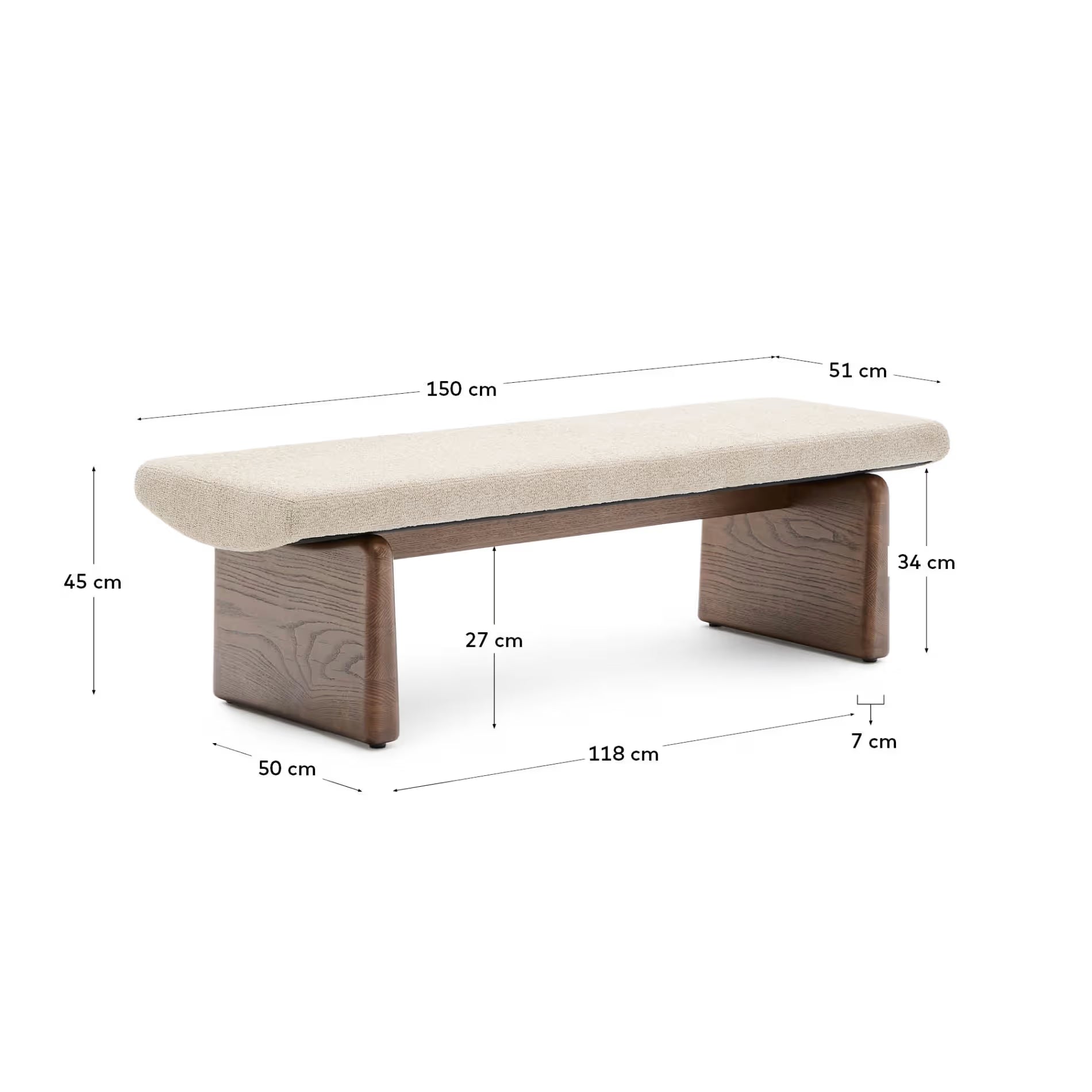 Japandi Polsterbank Beige Chenille Eschenholz Walnuss 150 cm