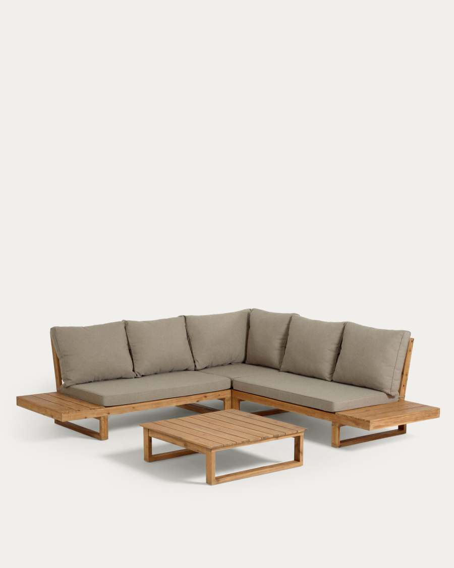 Japandi Ecksofa aus Akazienholz, 5-Sitzer mit Tisch