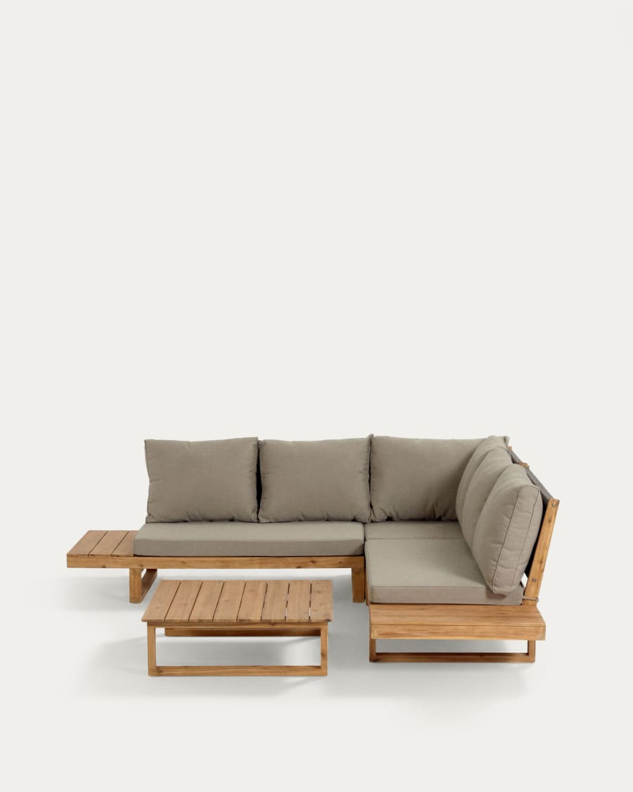 Japandi Ecksofa aus Akazienholz, 5-Sitzer mit Tisch